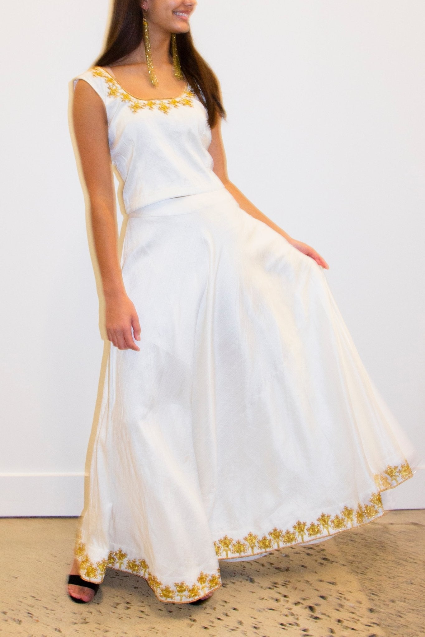 CHYATEE BESPOKE| Ivory Silk & Gold Leaf Lengha - CHYATEE